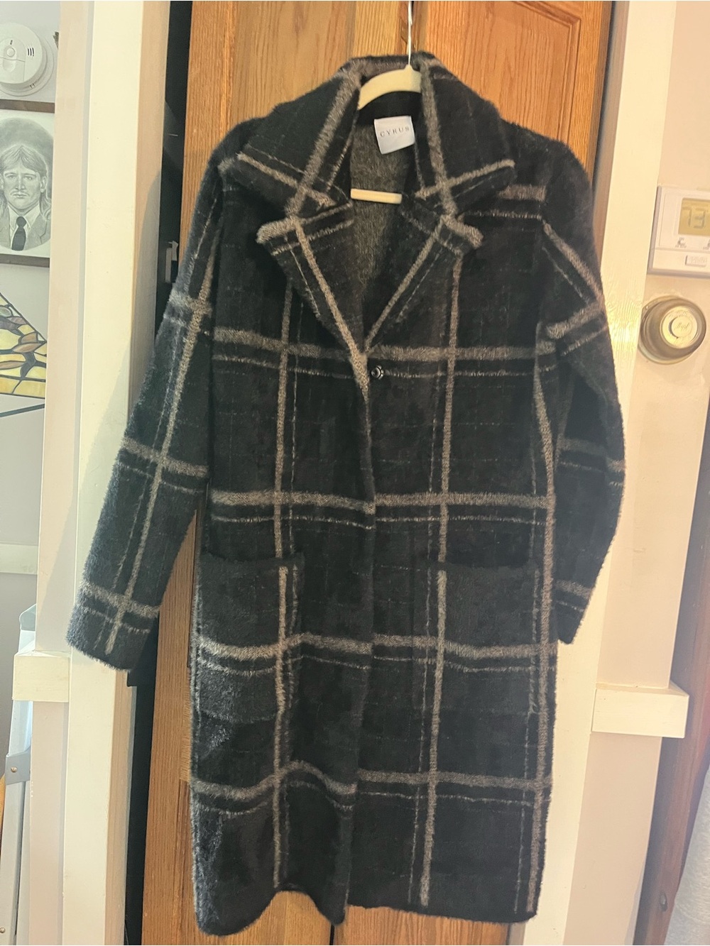 Cyrus black and gray windowpane plaid long-line coat Women’s S